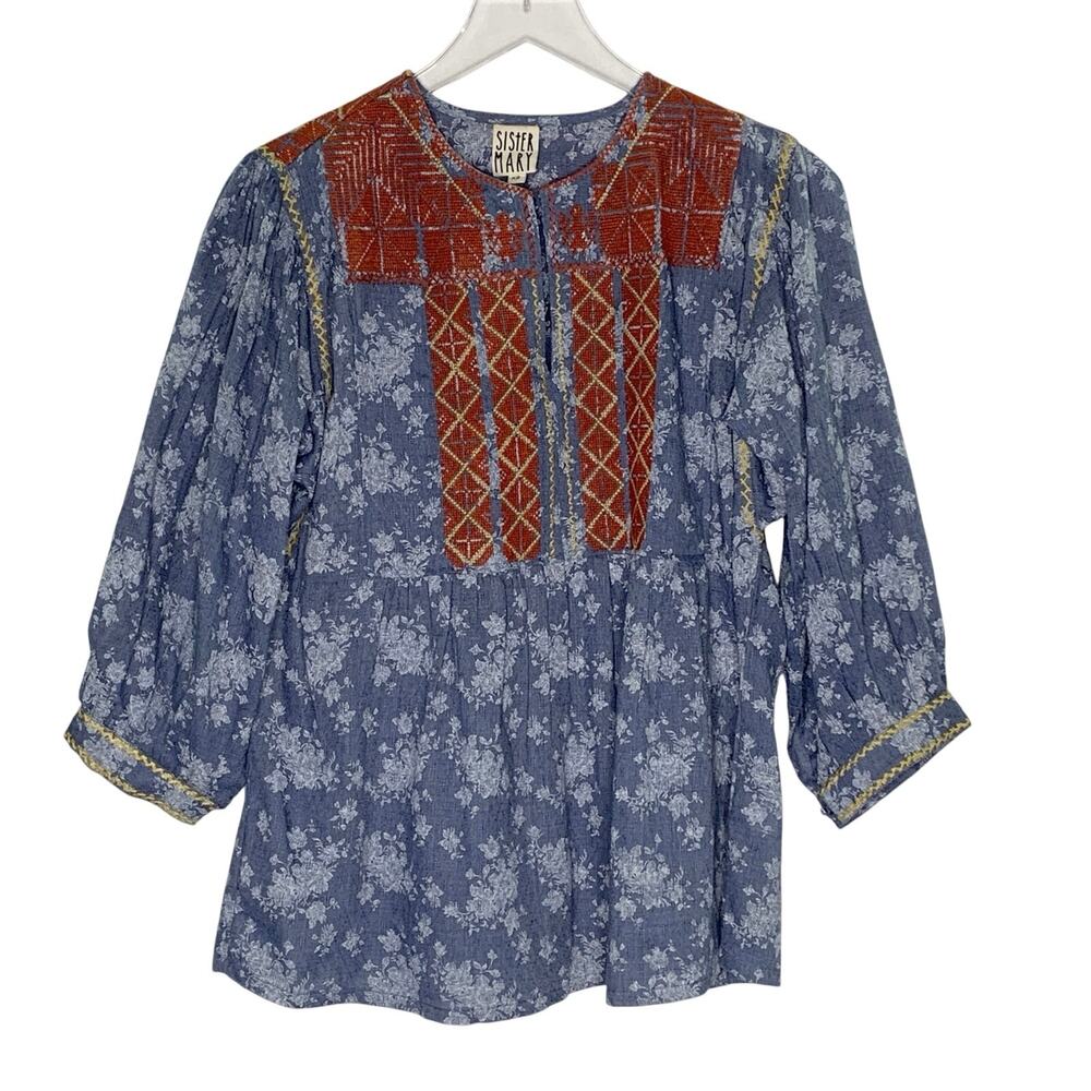 Sister Mary Yolanda Boho Peasant Top XS Oversized Cotton Embroidered Floral